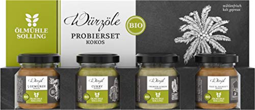 Ölmühle Solling Asia-Küche Probierset, BIO | bestehend aus 4 Kokoswürzölen Chinesische-5-Gewürze, Curry, Ingwer-Lemon und Ras el Hanout (120ml à 4 x 30ml) von Ölmühle Solling