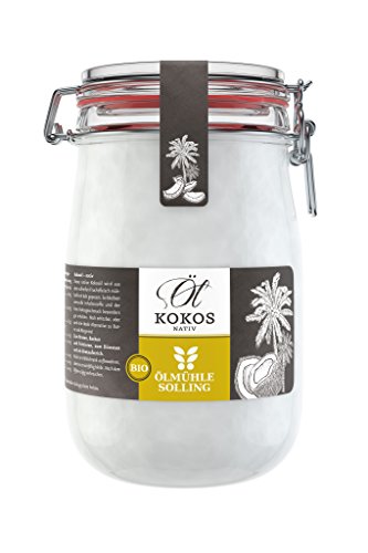 ÖLMÜHLE SOLLING - BIO Kokosöl ; 100% natives Bio-Kokosnussöl ; Ideal geeignet zum Braten, Backen und Frittieren, als Haut-& Haarpflege sowie für Hunde und Katzen ; Inhalt: 1 L im Bügel-Glas von Ölmühle Solling