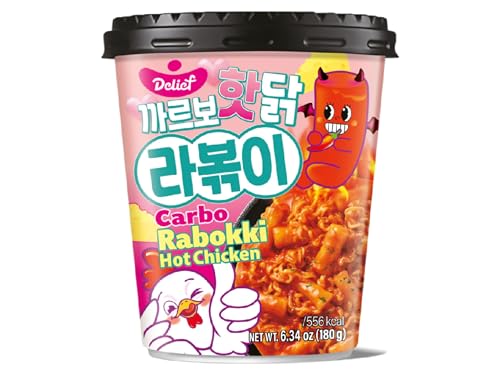 DELIEF Scharfe Carbonara Hühnchen Rabokki im Becher - Koreanische Instant Nudeln & Reiskuchen - Hot Carbo Chicken - OG ASIA - 180g von OG ASIA