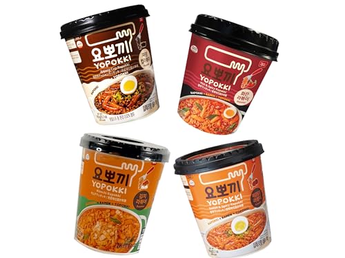 Rapokki Viererpack Reiskuchen & Ramen Nudeln im Becher - Korean Instant Rice Cake & Ramen Cup - Tteokbokki Koreanischer Reiskuchen - Scharf & Süß & Bohnen & Kimchi - OG ASIA - 4x 145g von OG ASIA