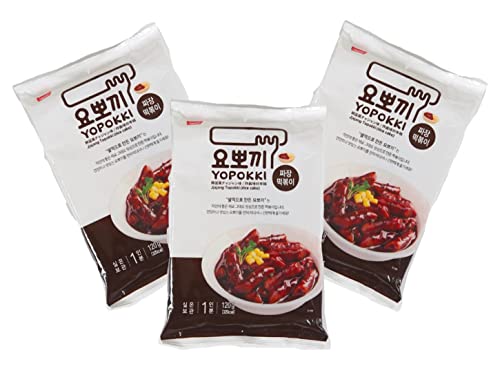 Topokki Reiskuchen Dreierpack Jjajang im Beutel - Korean Instant Rice Cake Pouch - Tteokbokki koreanische Reiskuchen - Schwarze Bohnen - OG ASIA - 3x 120g von OG ASIA