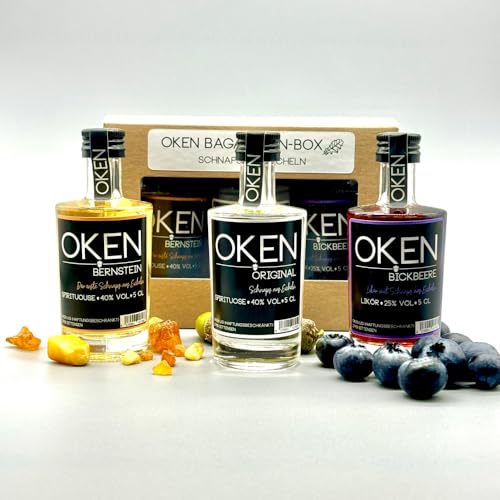 OKEN Bagaluten Box Probierset – Edelbrand Schnaps aus Eicheln, Holzgelagerter Edelbrand und Blaubeerlikör – Von Hand hergestellte Spirituosen und Liköre – Probierflaschen 3x 5cl von OKEN