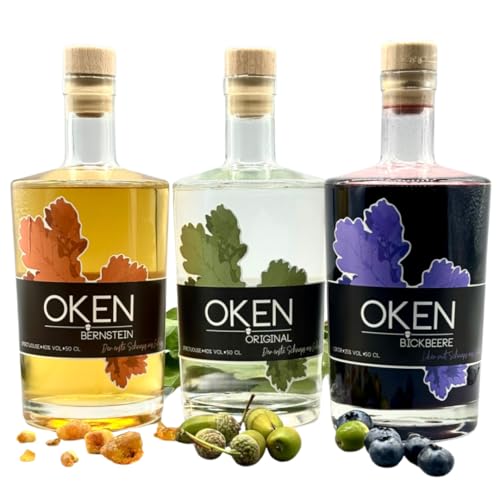 OKEN Dreierpack Edelbrand und Likör aus Eicheln – Schnaps aus Eicheln, Holfassgelagerter Edelbrand und Blaubeerlikör – Von Hand hergestellte Spirituosen und Liköre – Schnaps Flaschen 3x 0.5 Liter von OKEN