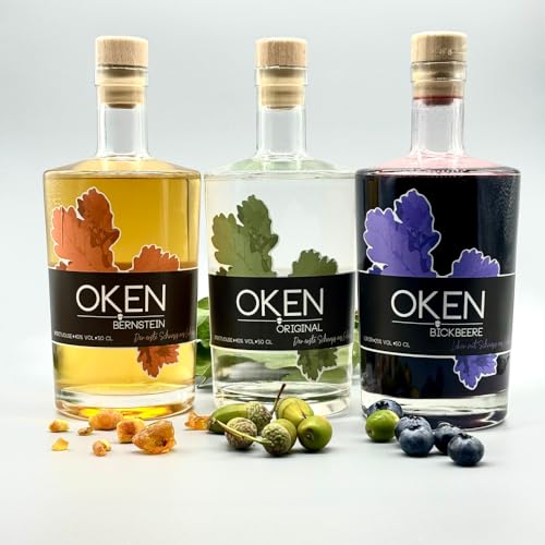 OKEN Dreierpack Edelbrand und Likör aus Eicheln – Schnaps aus Eicheln, Holfassgelagerter Edelbrand und Blaubeerlikör – Von Hand hergestellte Spirituosen und Liköre – Schnaps Flaschen 3x 0.5 Liter von OKEN