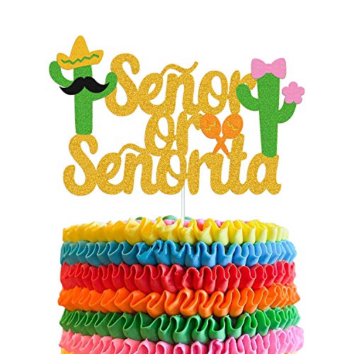 Kuchenaufsatz für Senor oder Senorita, mexikanische Taco Bout Babyparty, Fiesta Cinco De Mayo Kaktus Schleife Sombrero Maracas Mottoparty Zubehör Gold Glitzer Dekoration von OKUSUN