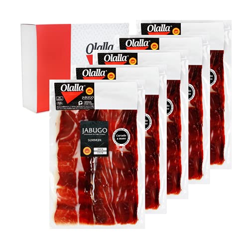 0,5 kg – Kiste Iberico Schinken de Bellota 100% DOP Jabugo Summun - Geschnittene Umschläge von 100 g Jamon de Jabugo Pata Negra, handgeschnitten und vakuumverpackt - Iberische Gourmet-Geschenke von OLALLA