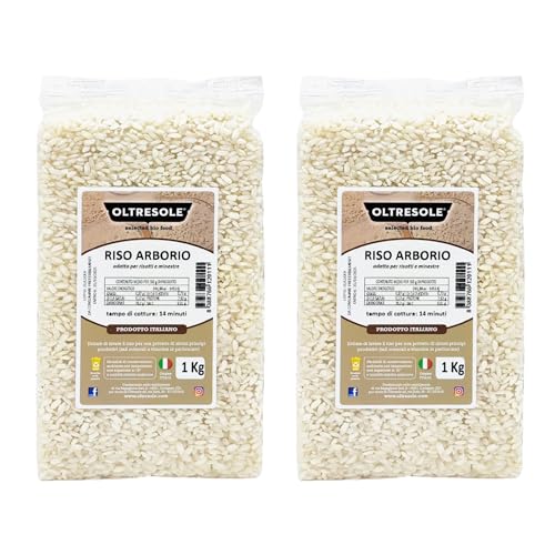 Oltresole, Artisanal Italian Arborio Rice, Großkörniger und stärkehaltiger Reis, ideal für Suppen, Risottos und Reissalate, vakuumverpackt in 2 x 1 kg Beuteln von OLTRESOLE