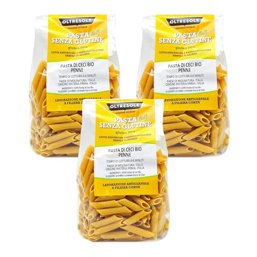 Oltresole, Italienische Bio Kichererbsen Pasta, Penne Format, 100% Bio Kichererbsenmehl Protein Pasta, reich an Ballaststoffen, Vegan, Glutenfrei, Packung mit 3 x 350g Packungen von OLTRESOLE