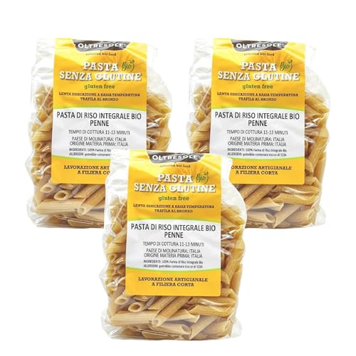 Oltresole, Italienische Bio-Vollkorn-Reis-Pasta, Penne-Format, Pasta mit 100% Vollkorn-Reismehl aus italienischem Bio-Anbau, glutenfrei, 3er-Packung à 350 g von OLTRESOLE