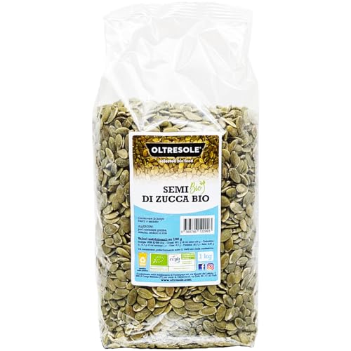 Oltresole, Entschälte Bio-Kürbiskerne 1 kg, Rohe Bio-Ölsaaten, ungeröstet und ungesalzen, Ideal als Snack oder für Salate, Ideal für Familien von OLTRESOLE