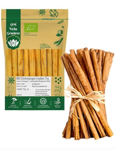 BIO Zimt Ceylon Zimtstangen Ganz 75g | Echter Zimt Canehl aus Sri Lanka | Organic Bio-zertifiziert DE-ÖKO-039 | Cinnamon | Für Küche und Tee | OmVeda von OmVeda