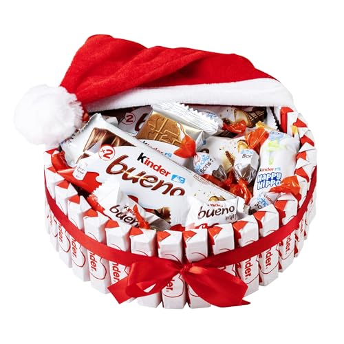 Kinderschokolade Geschenkkorb Süßigkeiten – Weihnachtsgeschenke mit Kinder Schokolade, Schokobons, Kinderriegel, Happy Hippo - XXL Schokolade Präsentkorb und Weihnachtsmütze von ONZA DULCE Y SALADO SWEET & SALTED