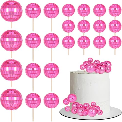 24 Stück Pinke Disco-Kugel Tortenaufleger Disco Kugel Cupcake Topper Mini rosa Discokugel-Kuchenbällchen Tortenaufleger Disco Ball Pinke Disco Torte Topper Geburtstagskuchendekoration von OPVXZAD