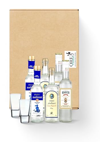 OREA-Feinkost.de - Geschenk Box, Präsentkorb + Grußkarte (Griechisches Ouzo Probierset inkl. Ouzo Gläser) + Grußkarte von OREA Feinkost