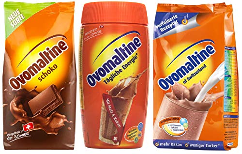 Probierpaket Ovomaltine Getränkepulver 3er Pack, 500g Classic Pulver, 450 g Schokopulver, 500 g Dose Cassic Pulver von Ovomaltine