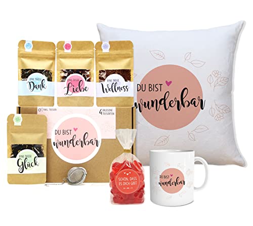 OWLBOOK Du bist wunderbar Tee Geschenk-Set mit 4 verschiedene Sorten und Tasse und Kissen Geschenkidee für Frauen zum Valentinstag Weihnachten von OWLBOOK