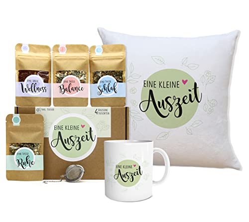 OWLBOOK® Eine kleine Auszeit Tee Geschenkset Muttertagsgeschenk mit 4 verschiedene Sorten Tee und Tee-Ei + Tasse + Kissen Geschenke für Frauen zum Muttertag Vatertag Weihnachten von OWLBOOK