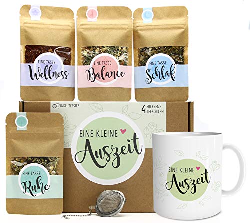 OWLBOOK® Eine kleine Auszeit Tee Geschenkset Muttertagsgeschenke Vatertagsgeschenk mit 4 verschiedene Sorten & Tee-Ei und Tasse Geschenkidee für Ruhe und Entspannung von OWLBOOK