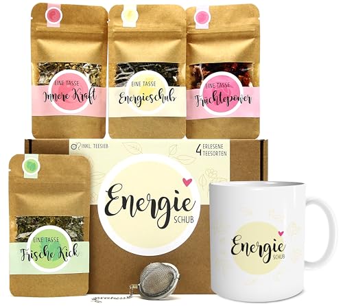 OWLBOOK Energieschub Tee Geschenk-Set mit 4 verschiedene Sorten und Tasse mit Namen personalisiert Geschenkidee für Frauen von OWLBOOK