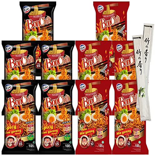 10er Mix Set extra scharfe Kobe Bon Chili Instant Nudeln I 5x Schärfelevel 10 I 5x Schärfelevel 15 I 10x105g I Ramen Fertiggericht I Mie Goreng I Bratnudeln I Halal I plus 4 Paar Essstäbchen von OYOY