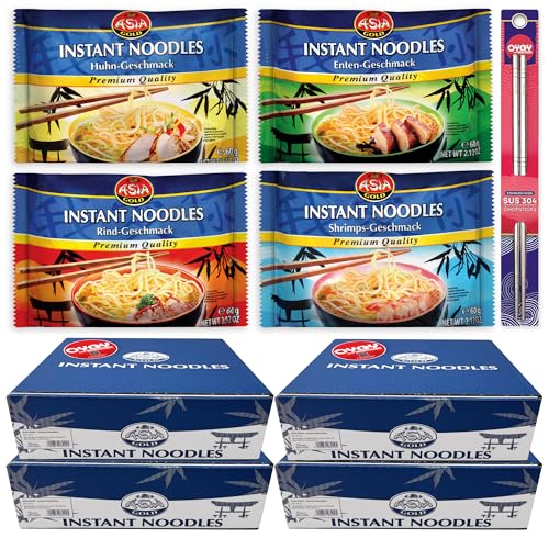 120er Mix Set Asia Gold Instant Nudeln I je 30x Rind Huhn Shrimp Ente I 120x60g I Chinesische Nudeln I Asia Nudeln Instant I Ramen Nudeln I Instant Ramen I plus OYOY Metall Essstäbchen von OYOY