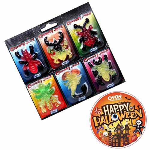 1x 6 Halloween Süßigkeiten Gruselig Creepy Jelly aus Fruchtgummi I Insekten I 6x 11g I plus OYOY Halloween-Sticker I Ideal für Halloweenparty oder Süßigkeitenkorb I Geburtstage und Mitgebsel von OYOY