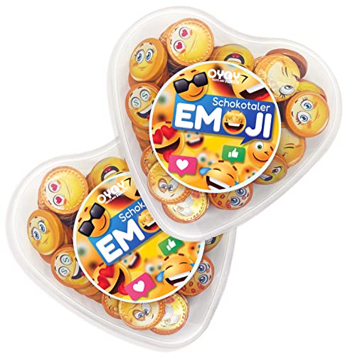 2x OYOY Emoji Schokolade Set mit je 510g Smiley Schokotaler in einer Herzdose I ca. 156 Schokoladentaler aus Milchschokolade I Kindergeburtstag Gastgeschenke I Mitbringsel Erwachsene I Süßigkeiten von OYOY