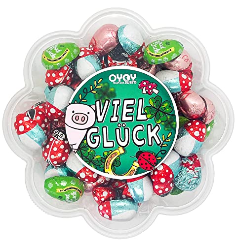 500g Glücksbringer aus Milchschokolade I ca. 65 Stück I Fair Trade Kakao I in einer 'Viel Glück'-Geschenkbox I Dose in Blumenform I Ideal um einen kleinen Gruß zu senden von OYOY