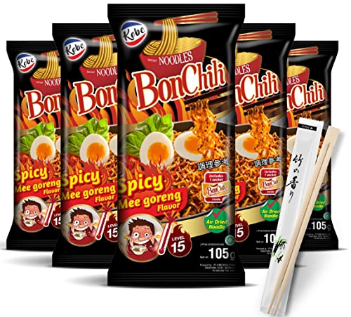 5er Set Kobe Bon Chili Instant Nudeln Hot und Spicy I Schärfegrad 15 I Ramen Fertiggericht Scharf I Mi Goreng Hot I Gebratene Nudeln I 5x105g I Halal I plus 5 Paar Essstäbchen aus Bambus von OYOY