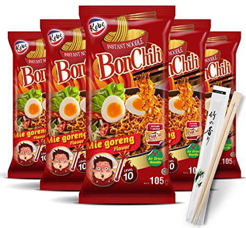 5er Set Kobe Bon Chili Instant Nudeln I Schärfelevel 10 I Ramen Fertiggericht Scharf I Mie Goreng Hot I Gebratene Nudeln I 5x105g I Halal I plus 5 Paar Essstäbchen aus Bambus von OYOY