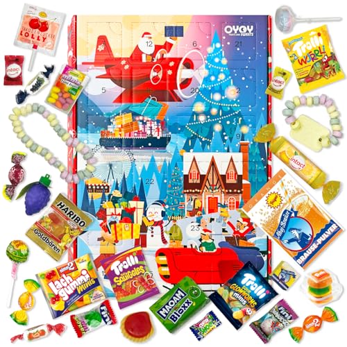 OYOY Adventskalender 2024 Kinder I X-Mas Design I bunter Kinder Adventskalender mit Süßigkeiten I 24 unterschiedliche süße Überraschungen u.a. Fruchtgummi Brausen Kaubonbons Lollipops von OYOY