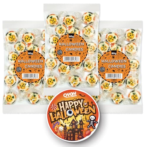 OYOY Halloween Bonbons Set I 3x 80g handgemachte Kürbis Motiv Bonbons einzeln verpackt mit OYOY Halloween Sticker I Halloween Süßigkeiten I Halloween Candy von OYOY