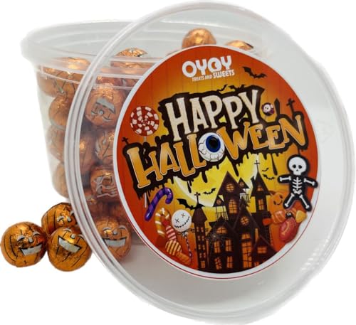 OYOY Halloween Kürbis Schokolade I im 500g Party Bucket I Milchschokolade mit Milchcremefüllung I ca. 100 Stück I plus gruseligen Halloweensticker von OYOY