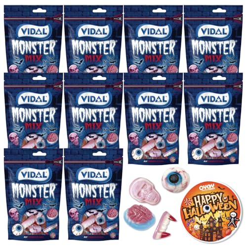 OYOY Halloween Monster Mix Set I 10x 180g Halloween Süßigkeiten I Fruchtgummi Augen Vampirzähne Totenköpfe und Gehirne I Halloween Candy I plus gruseligen Halloween Sticker von OYOY