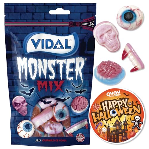 OYOY Halloween Monster Mix Set I 1x 180g Halloween Süßigkeiten I Fruchtgummi Augen Vampirzähne Schädel und Gehirne I Halloween Candy I plus gruseligen Halloween Sticker von OYOY