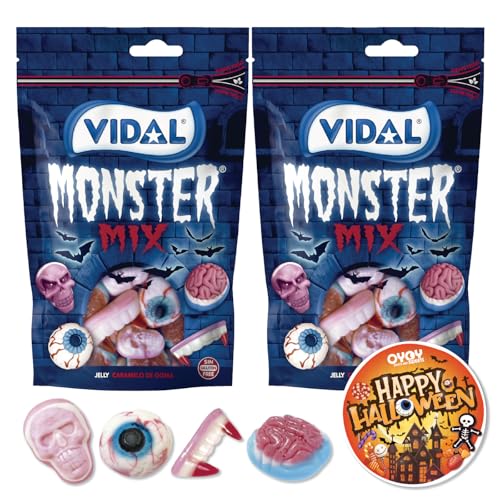 OYOY Halloween Monster Mix Set I 2x 180g Halloween Süßigkeiten I Fruchtgummi Augen Vampirzähne Schädel und Gehirne I Halloween Candy I plus gruseligen Halloween Sticker von OYOY