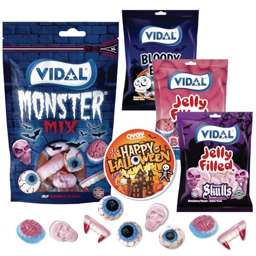 OYOY Halloween Süßigkeiten Mix Set I 1x 90g Totenköpfe 1x 90g blutige Augen 1x 90g Gehirne 1x 180g Monster Mix I 450g schaurige Fruchtgummi I Halloween Candy I plus gruseligen Halloween Sticker von OYOY