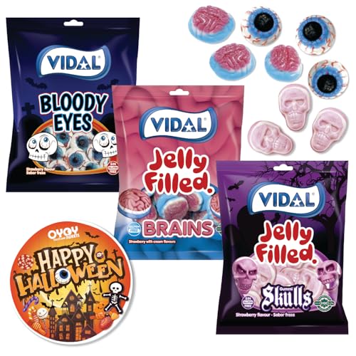 OYOY Halloween Süßigkeiten Mix Set I 1x 90g Totenköpfe 1x 90g Bloody Eyes 1x 90g Gehirne I 270g Fruchtgummi Halloween I plus gruseligen Halloween Sticker von OYOY