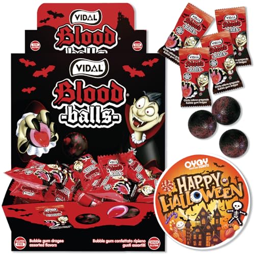 OYOY Halloween Süßigkeiten Set I 1x 200er Blood Ball Kaugummi Thekendisplay I düstere Bälle gefüllt mit blutroter Füllung I Halloween Candy I plus gruseligen Halloween Sticker von OYOY