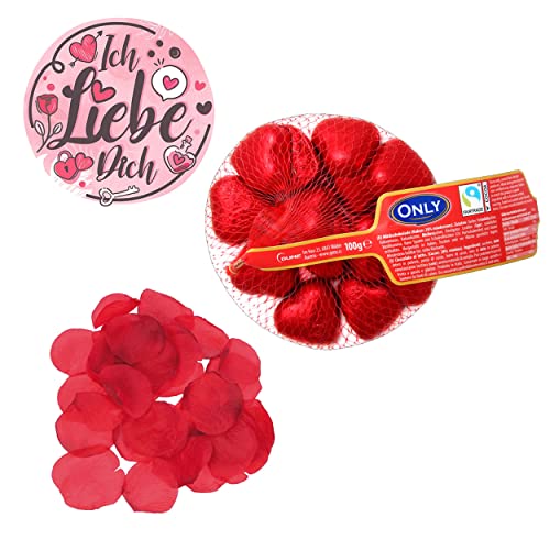 OYOY Liebes Schokolade Set mit 100g Schokoherzen und 75 roten Deko-Rosenblütenblättern I Valentinstag Süssigkeiten Set I Geschenke für Frauen I Partner Geschenke von OYOY