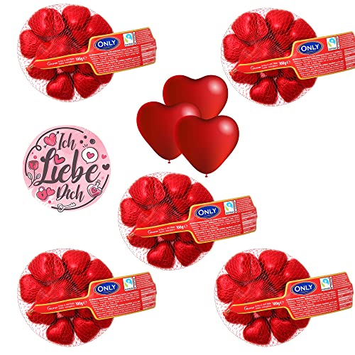 OYOY Liebes Schokolade Set mit 5x 100g Schokoherzen und 3 roten Herz Luftballons I Valentinstag Süssigkeiten Set I Geschenke für Frauen I Partner Geschenke von OYOY