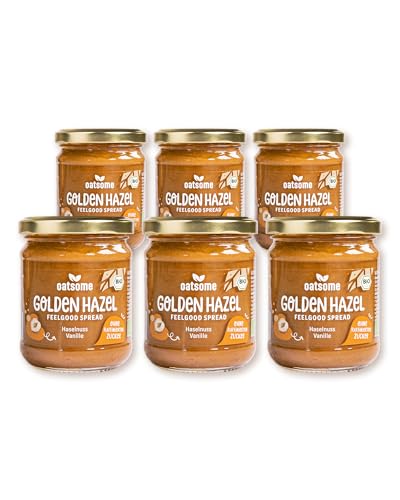 OATSOME® 6er Set Golden Hazel | Feelgood Spread | Vegane Haselnuss-Milchcreme | Geröstete Haselnuss & Bourbon-Vanille | Ohne raffinierten Zucker & Palmöl | Bio & 100% Natürlich | Aufstrich | 6x200g von Oatsome