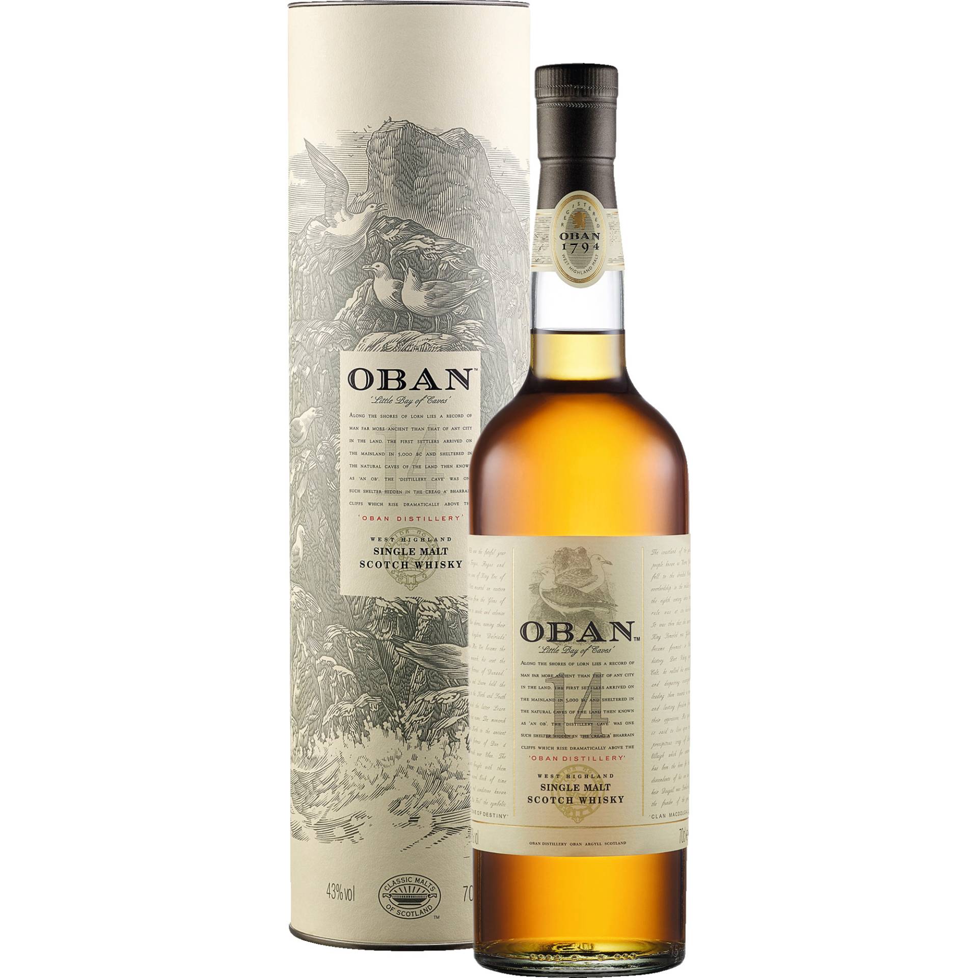 Oban Highland Single Malt Scotch Whisky 14 Years, 43 % vol. 0,7 L, Schottland, Spirituosen von Oban Distillery, Stafford St, Oban PA34 5NH, Scotland, GB