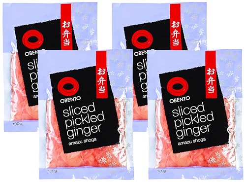 Obento Sliced Pickled Ginger Pink (Eingelegter Ingwer Pink in Scheiben), 100 g (Packung mit 4) von Obento