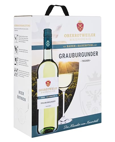 Oberrotweiler Wein-Box Grauburgunder 3 Liter QbA trocken - zarte Fruchtaromen nach Pfirsich, Apfel und Zitrusfrüchten - Badischer Wein, Anbaugebiet Baden (1 x 3,0 l Bag-in-Box) von Oberrotweiler Winzerverein eG