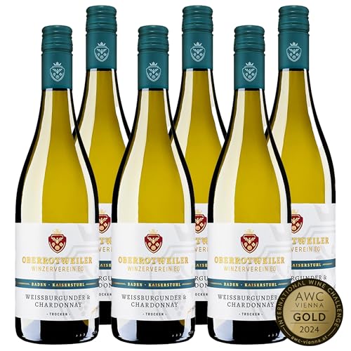 Oberrotweiler Weißburgunder & Chardonnay trocken – harmonische Weißwein Cuvée mit eleganter Frische & feiner Frucht, Qualitätswein trocken vom Anbaugebiet Kaiserstuhl (6 x 0,75l) von Oberrotweiler Winzerverein eG