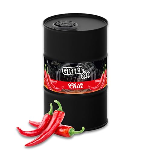 Odenwälder Lebensmittel Grill-Öl mit Chili-Geschmack, Würziges Öl aus frischen Chilis & Sonnenblumenöl im Ölfass-Design, Ideal zum Kochen & Grillen – Made in Germany – 500ml (Chili) von Odenwälder Lebensmittel