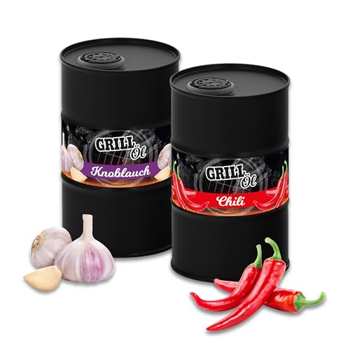 Odenwälder Lebensmittel Grill-Öl mit Chili-Geschmack, Würziges Öl aus frischen Chilis & Sonnenblumenöl im Ölfass-Design, Ideal zum Kochen & Grillen – Made in Germany – 500ml (Knoblauch + Chili) von Odenwälder Lebensmittel