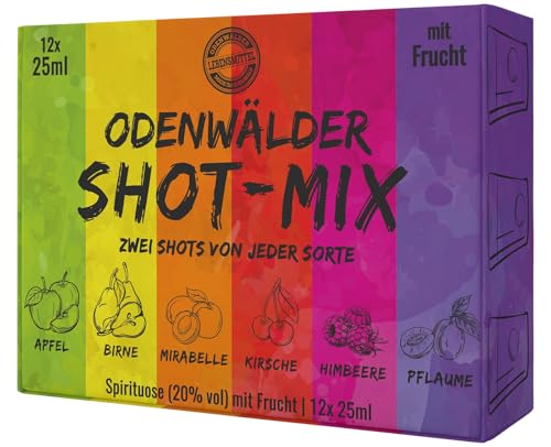 Odenwälder Shot-Mix - Spirituose Apfel, Birne, Mirabelle, Pflaume, Kirsche, Himbeere mit 25% Vol - Traditioneller Genuss aus dem Odenwald - 12er Karton - 12 x 25 ml Becher mit Deckel von Odenwälder Lebensmittel