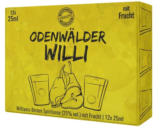 Odenwälder Willi - Spirituose mit 25% Vol - Traditioneller Genuss aus dem Odenwald aus frischen Birnen und hochwertigem Birnenbrand - 12er Karton - 12 x 25 ml Becher mit Deckel (Williamsbirne) von Odenwälder Lebensmittel